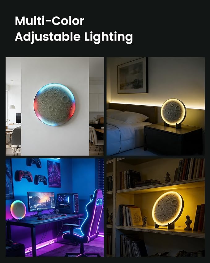 3D Moon Lamp – 3D Printed PLA Floating Moon, APP & Manual Control, RGB Music-Sync, Desktop & Wall-Mountable Night Light for Home, Kids, Party (Moon 8.6lnches)