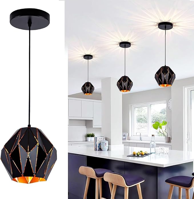 Industrial Pendant Lights Kitchen Island,Black Hanging Lighting Fixture with Metal Geometric Diamond Shade Vintage Ceiling Chandelier Pendant Lamp for Dining Living Room Bedroom 1 Light