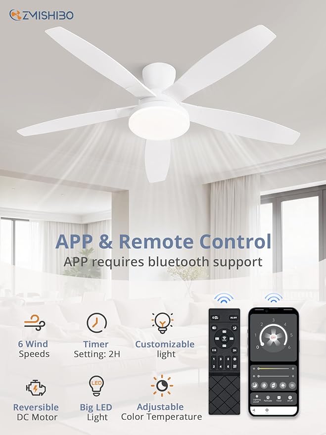 ZMISHIBO 52 inch Ceiling Fans with Lights and Remote/APP Control,White Low Profile Ceiling Fan with Light,Quiet DC Motor,LED Dimmable, Modern Flush Mount Ceiling Fan for Bedroom Indoor/Outdoor Patio
