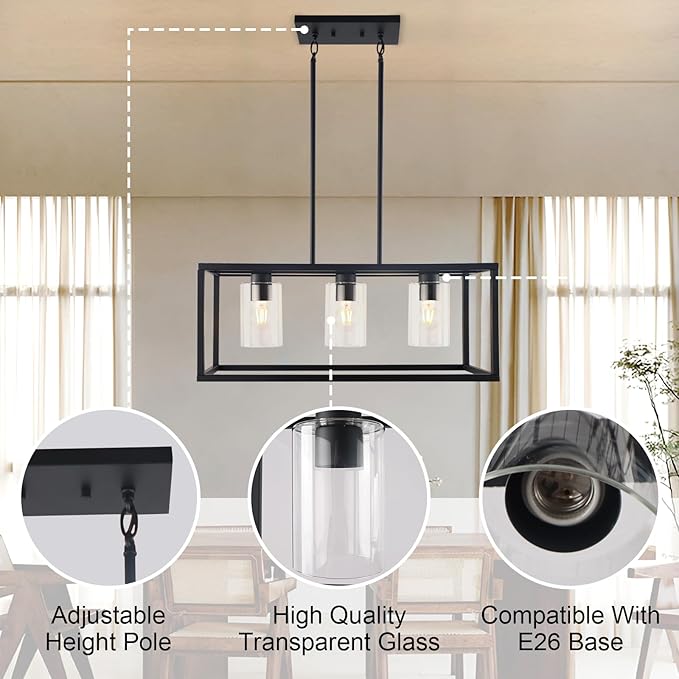 Kalium Chandeliers for Dining Room, 3 Light Dining Room Light Fixture Modern Metal Industrial Kitchen Lighting Fixtures Ceiling Easy Installation Pendant Lights for Bar Restaurant-E26 Socket, Black