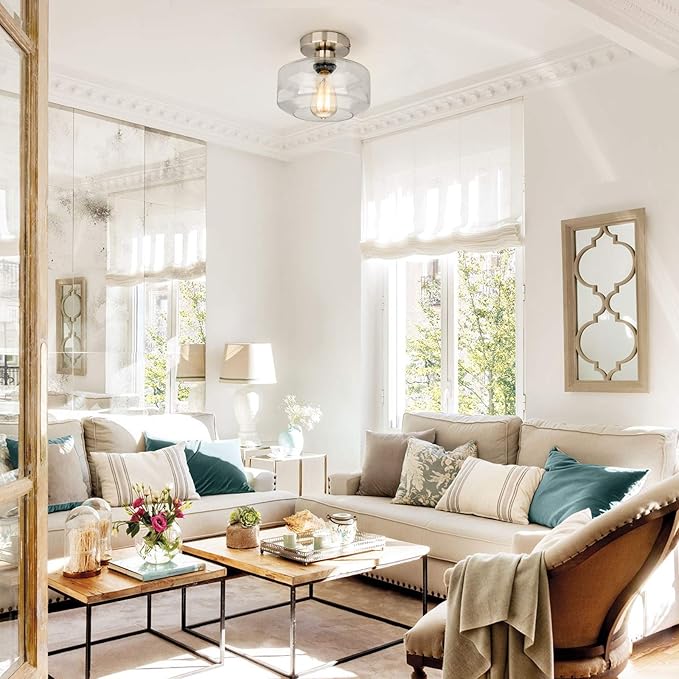 SunRider Semi Flush Mount Ceiling Light Fixtures, Brushed Nickel Industrial Seeded Glass Lamp, Silver Ceiling Light for Kitchen Hallway Porch Bedroom