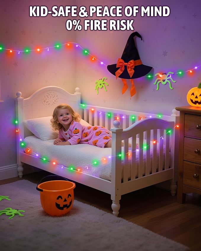 Halloween String Lights Battery Operated, Orange Purple and Green Lights with Timer Waterproof 16.4ft 50 LED Halloween Decorations for Outdoor Indoor Patio Party Garden Yard Decor