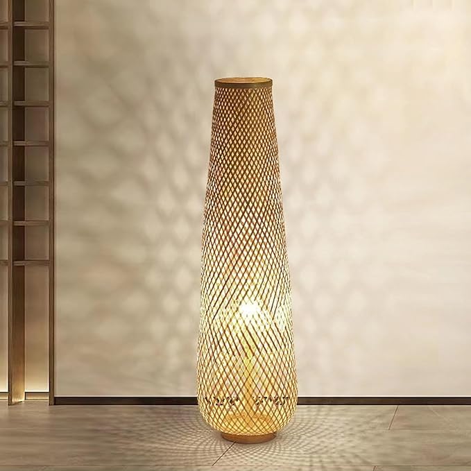 MIXL-Farmhouse Style Bamboo Floor Lamp,Large Wicker Indoor Floor Light,Boho Standing Light Plug in,Modern Minimalist Standing Lamp for Living Room Bedroom