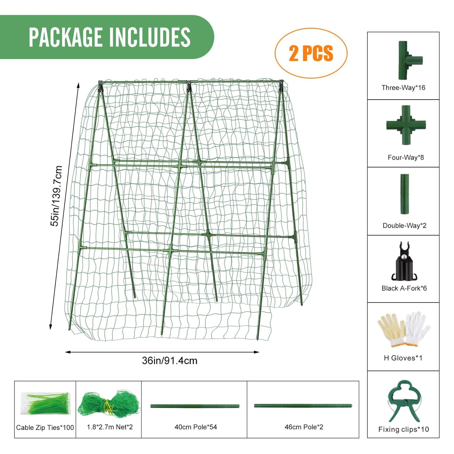 55" H x 36" W Cucumber Trellis for Raised Bed Garden, Cucumber Trelli for Climbing Plants Outdoor，A-Frame Vegetable Grow Supports, Tomato Plant Support for Tomato Squash Zucchini (1PC)