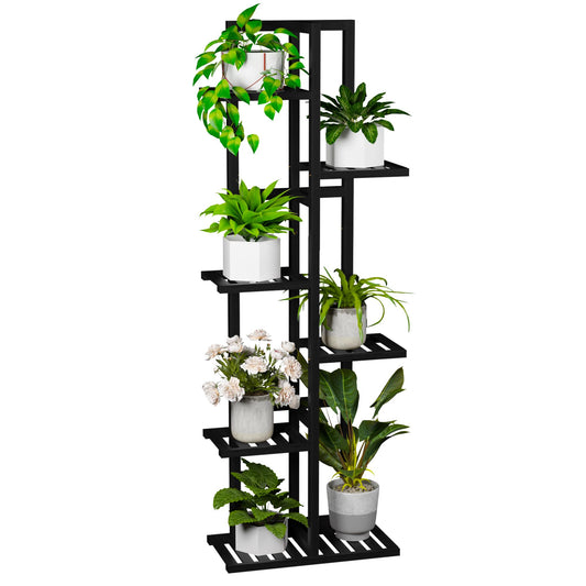 ROMGUAR CRAFT 6 Tier Bamboo Plant Stand Indoor, Wood Tall Flower Holder Corner Tiered Plant Shelf for Multiple Plants (Black)