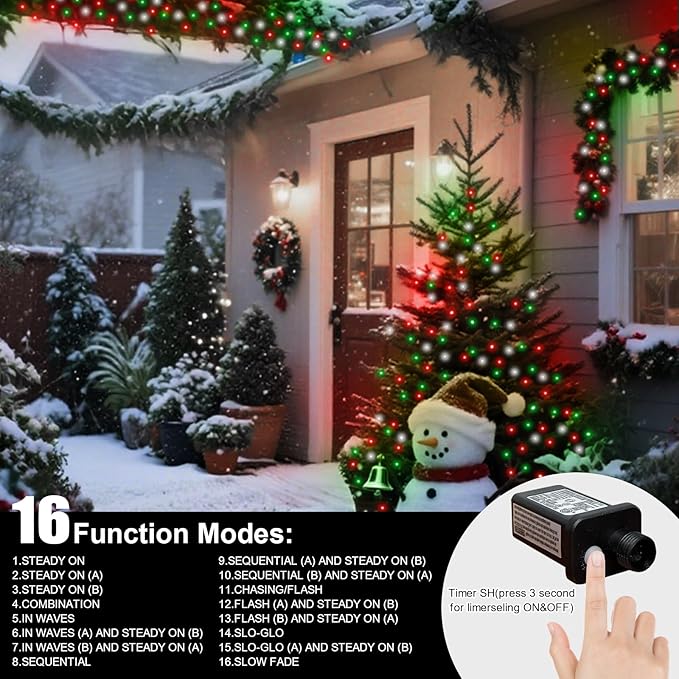 LAMPHOME 33ft Christmas Decorative Mini Lights, 100 LED Green Wire Fairy Starry String Lights Plug in, 16 Lighting Modes for Outdoor Xmas Tree Wedding Party Decoration (Red/Green/White)