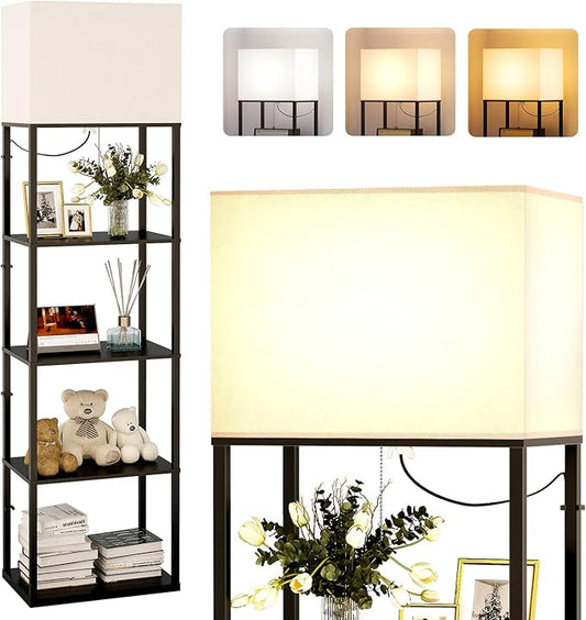 addlon Floor lamp with Shelves Super Large Size (19''W), 5-Tier Modern Floor lamp with 3 Color Temperatures LED Bulb, Display Shelf lamp for Living Room, Bedroom and Office - Black