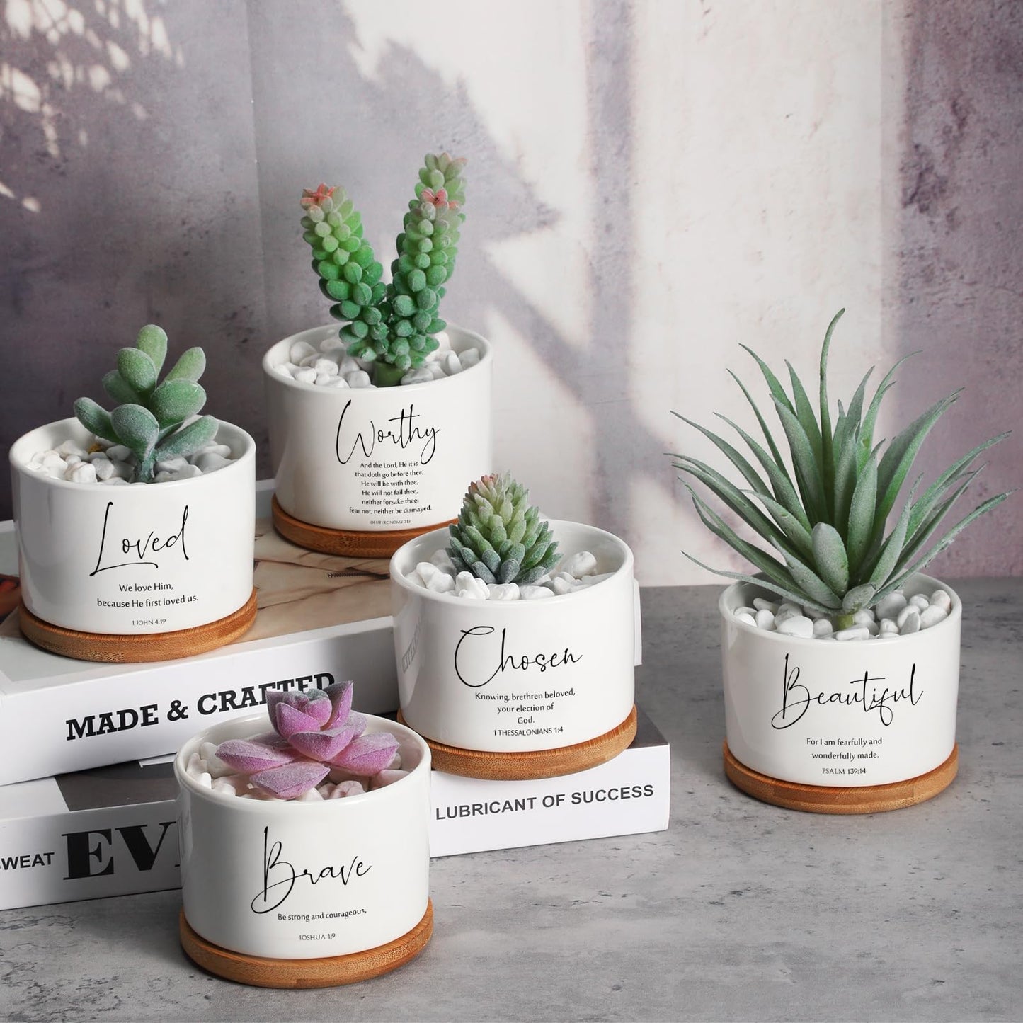 Fumete 24 Set Christian Religious Gifts Bulk Bible Verse Succulent Pots with Tray Drainage, 12 Scripture Quote, 3 x 2 in Mini Ceramic Flower Planter for Mothers Fathers Day Church Gift (Affirmation)