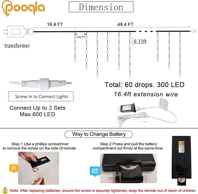 Pooqla Color Changing Icicle Lights with Remote, 35 Colors Christmas Icicle Lights, 300 LED 48FT RGB Waterproof Hanging String Lights for Roof Window Home Party Easter Outdoor Decor