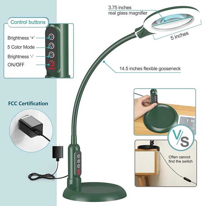 10X Magnifying Glass with Light and Clamp, 5 Color Modes Stepless Dimmable Lighted Magnifier with Stand, Flexible Gooseneck LED Desk Lamp Hands Free for Craft Painting Hobby Close Work - Green