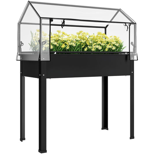 Outsunny Raised Garden Bed with Flip-Up Greenhouse Cover, Elevated Planter Box with Legs and Drainage Hole for Vegetables Flowers Herbs, 39.4" x 18.9" x 48.8", Black
