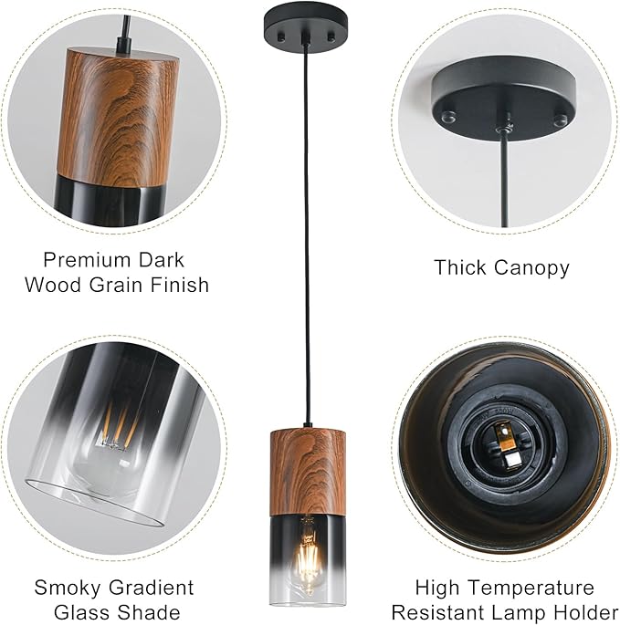 2-Pack Modern Pendant Lights for Kitchen Island, Adjustable Black Pendant Light Fixtures with Brown Wood Grain, Industrial Glass Pendant Lights for Dining Table Hallway Bedroom Living Room