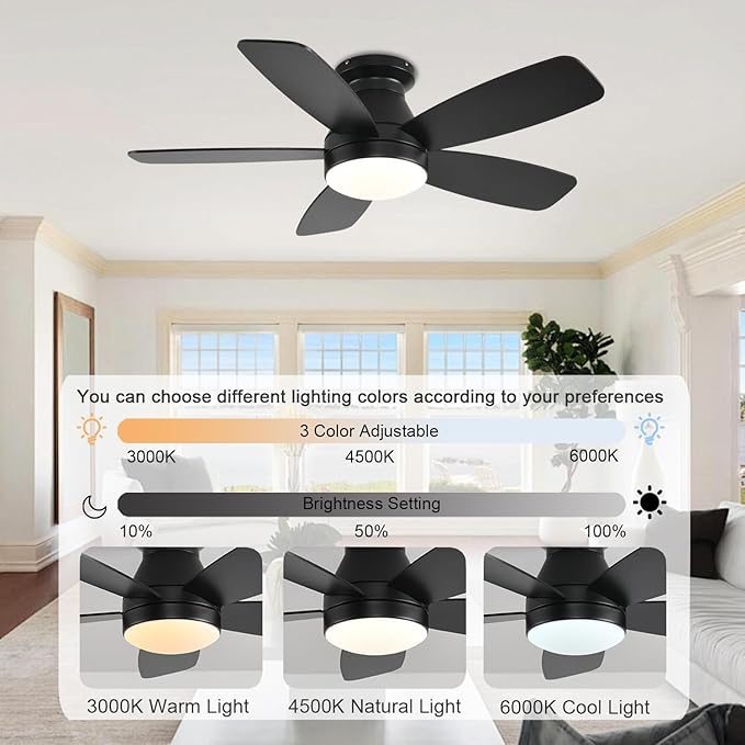 Ceiling Fans with Lights, 42 Inch Low Profile Ceiling Fan with Light and Remote/App Control, Flush Mount, Reversible, 3CCT, Dimmable, Noiseless, Black Ceiling Fan for Indoor/Outdoor Use