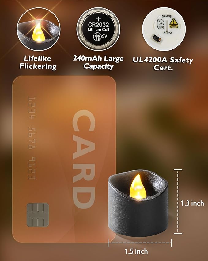 Homemory Black Tea Lights Candles Battery Operated, 200+Hour Flameless Flickering Fake Electric LED Colored Tealights Candles for Halloween, Theme Party, Wedding Table Decor, Holiday Decor, 24-Pack