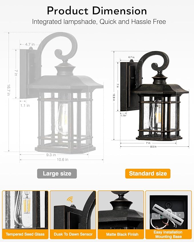 VIANIS Exterior Lighting Fixtures Dusk to Dawn, 2 Pack Outdoor Light Fixture, Oil Rubbed Bronze Porch Lights with Seed Tempered Glass, Outside Lights for House, Garage, Doorway, Patio