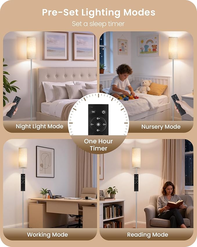 Dimmable Floor Lamps for Living Room with Remote and Foot Switch, 64.4” Modern Standing Tall Lamp, Corner Lamp for Bedroom, Office, Bulb Included, 3000K-6500K, Beige and Silver, FCC Listed SE06LD05W1
