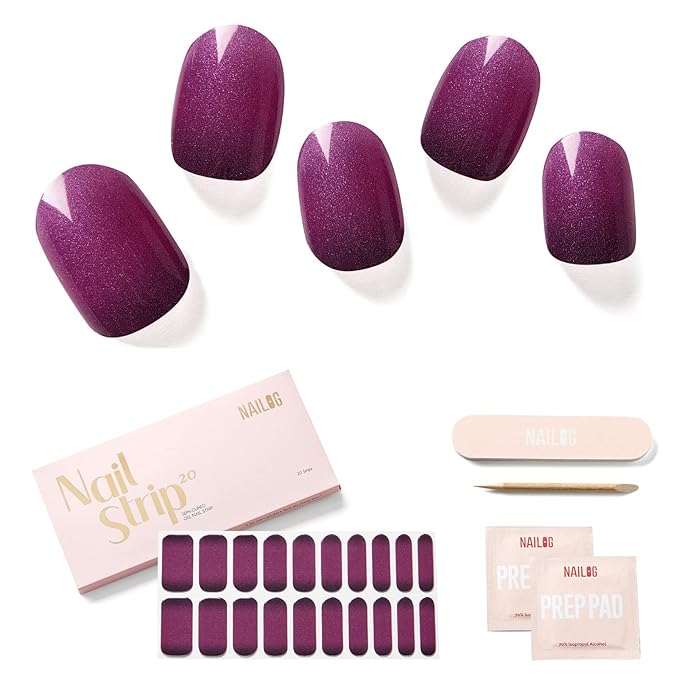 NAILOG Semi Cured Gel Nail Strips, 20Pcs Neon Purple Lasting Gel Nail Stickers, Salon Quality Easy Apply & Remove Works with Any UV/LED Nail Lamps, Lydia
