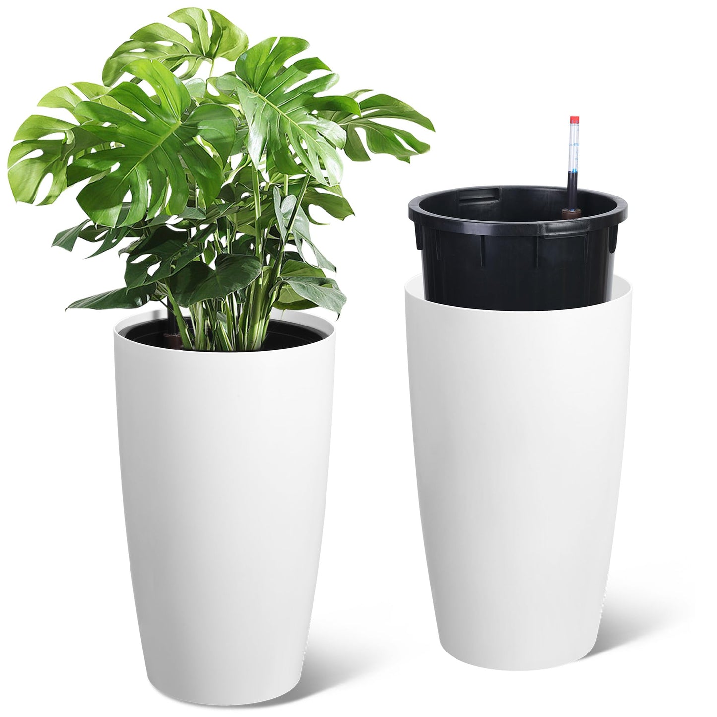 22" Tall Planter Set of 2, Self Watering Pots, Large Planter for Indoor Outdoor Plants, Built-in Drainage and a Water Level Monitor, Tall Planters for Patio, Porch, Living Room, Home Office, White
