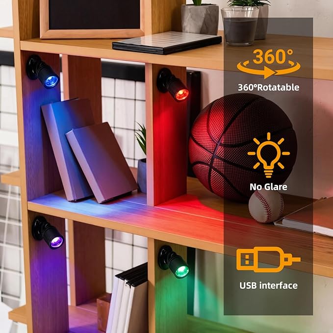 YaeCCC Dimmable Mini LED Spotlight, 6-Pack Multicolor LED with 6 Modes (Warm/Cool/Red/Blue/Green/Purple), USB Powered Accent Lighting for Plants, Jewelry Showcase, Model Display Shelves
