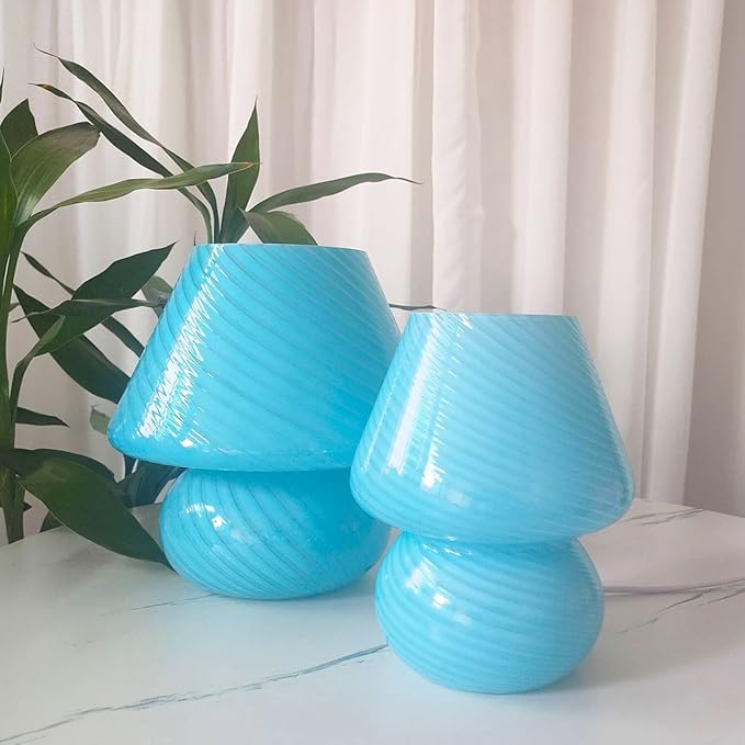 Swirl Mushroom Lamp, Translucent Glass Table Bedside Lamps Italian Style Modern Striped Desk Light for Baby Home Decoration of Dining, Living, Study (Matte White, Maxi Dia8.7*H9.9 Inches)