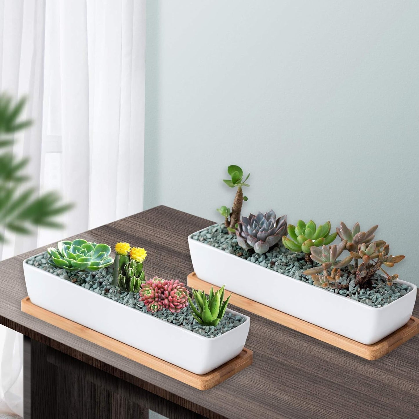 SWONVI 2 pcs 11.1 inch Long Rectangle White Ceramic Succulent Planter Pots/Mini Flower Plant Containers with Bamboo Saucers Plant Window Boxes for Office/Home, 11 x2.28x1.73inch