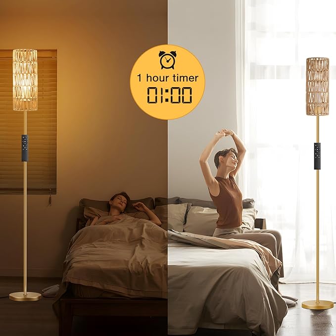 Ambimall 64'' Floor Lamps for Living Room with Remote Control and Stepless Dimmable Colors Temperature & Brightness, Boho Gold Standing Lamp with Beige Rattan Shade