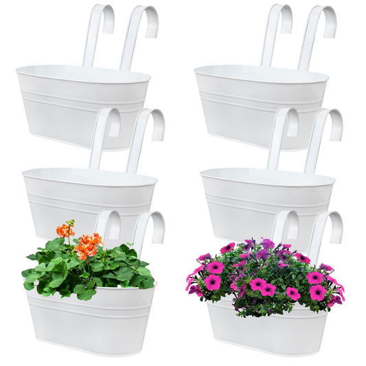 Biugaaufai 6 Pack Metal Railing Planter for Outdoor Plants, White Iron Railing Planters, Metal Window Hanging Flower Pots for Balcony, Fence, and Patio Railings, Garden Decor with Drainage Holes
