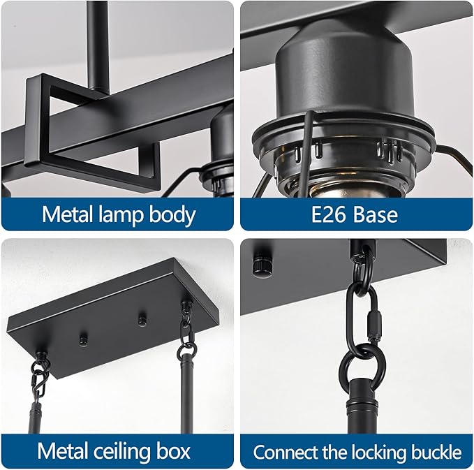 3-Light Vintage Industrial Pendant Light Over Table, Adjustable Hanging Light with Matte Black Metal Frame, E26 Base Modern Rustic Chandelier for Kitchen Island