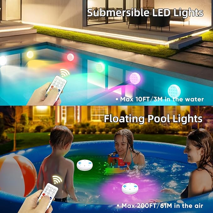 10 Pack Pool Lights, Submersible LED Lights with Remote, IP68 Waterproof 16 Color Rechargeable Floating Lights, Built-in Magnet Underwater Lighting for Inground Above Ground Pool Fountain