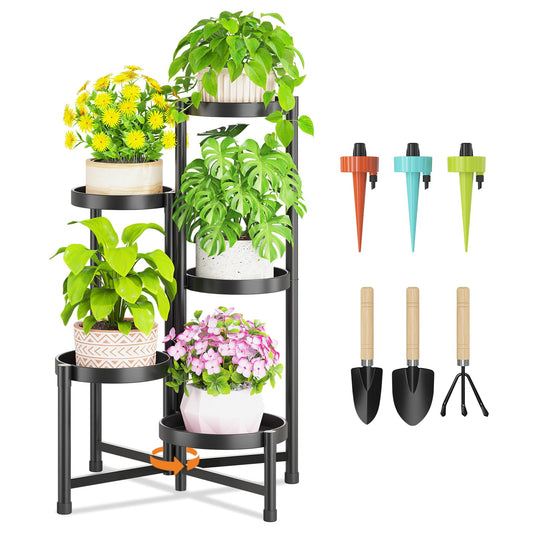 LASZOLA 5 Tiered Folding Tall Plant Stand Indoor for Multiple Large Planter, Heavy Duty Metal Adjustable Flower Rack for Narrow Corner, Sturdy Vertical Spiral Shelving Holder for Modern House, Black