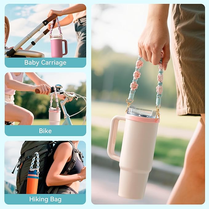 Water Bottle Handle, Hand-Woven Lanyards Silicone Water Bottle Sling, Carrier, Holder with Strap Compatible 8-40oz Stanley Cup Hydroflask Bottle Accessories-Flower Black
