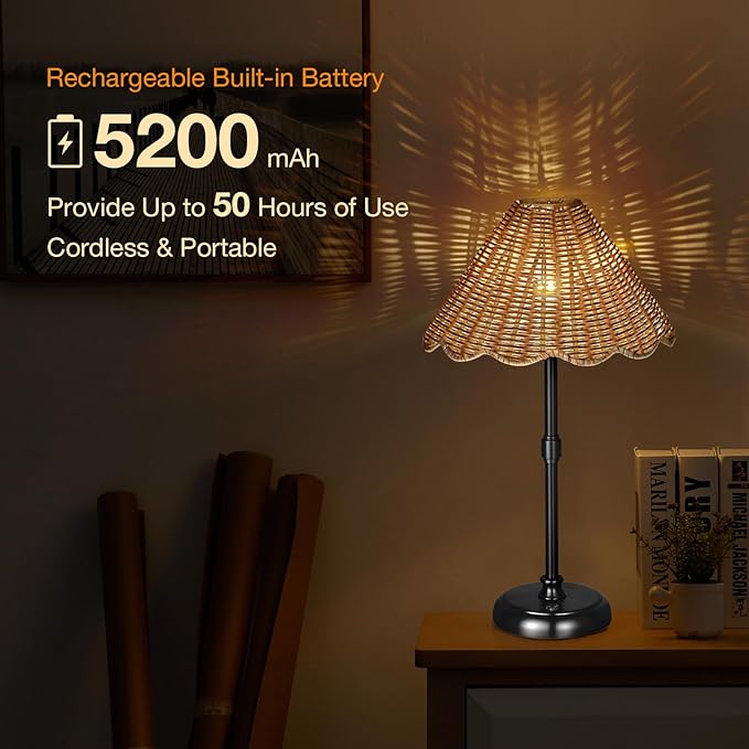 Cordless Boho Rattan Table Lamp Black, 5200-mAh Rechargeable Battery, 3-Level Brightness Dimmable, Build-in Integrated LED 320 Lumen Max, Rattan Shade, for Bedside Restaurant Dining Table