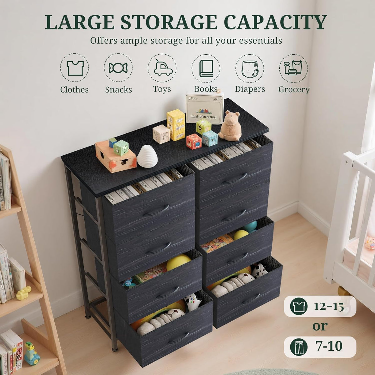 Regine Switzerland 8-Drawer Dresser - Anti-Tip Tall Storage Organizer with Wooden Top & Metal Frame | Charcoal Black
