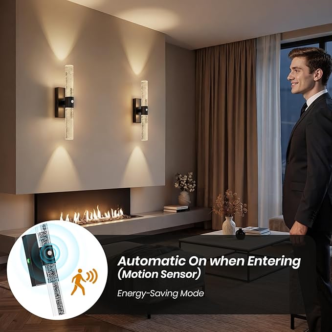 Motion Sensor Wall Sconces Battery Operated Set of 2, Rechargeable Wall Sconce, 3CCT Battery Wall Sconce, 12000mAh Dimmable with Remote for Bedroom, Living room, Hallway (15.3 inch - Black - 2 Pack)
