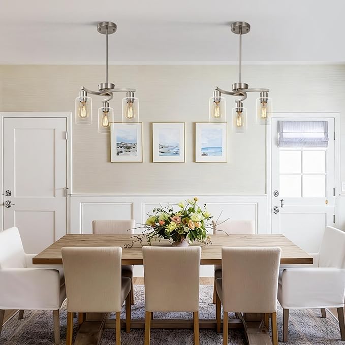 3 Light Brushed Nickel Modern Pendant Light, 16.5" Kitchen Island Lighting with Clear Glass Shade, Adjustable Dining Room Chandelier Over Table, Farmhouse Industrial Hanging Fixture