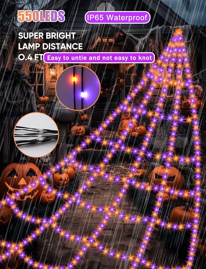 Spider Webs Halloween Decorations Lights - 550 LEDs Outdoor Giant Halloween Decor Lights with16.4ft,4ft Spider,8 Modes,Waterproof&Timer for Yard Porch Garden,Outside Party (Without Big Spider)