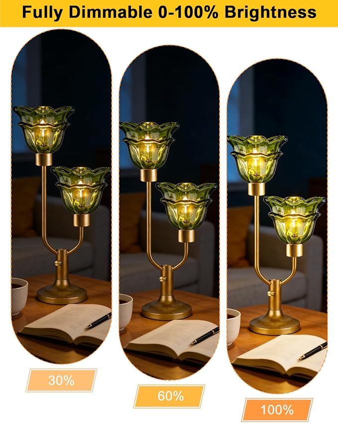 Lightdot Mid Century Modern Flower Table Lamp Gold Dimmable U-Shaped Green Glass Desk Lamps with 2Pcs 3000K Warmwhite Bulbs Included Bedside Nightstand Lamp for Living Room Bedroom