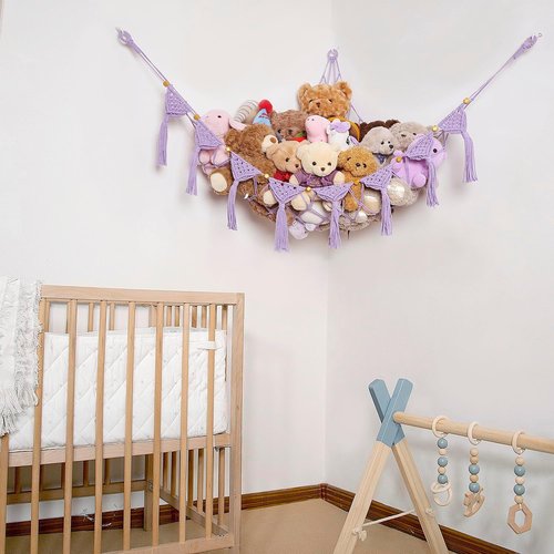 Amdermi Boho Nursery Stuffed Animal Net or Hammock Plush Toy Storage Net Kid's Playroom Hanging Organizer Stuffed Animal Display Plushes Holder for Teddy Net Corner Hanging Net Purple