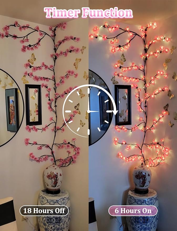 7.55 FT 144 LED Cherry Blossom Tree Branch Lights for Wall,8 Modes Pink Cherry Blossom Lights with Remote Timer,Willow Vine Lights for Bedroom decor,Light Up Cherry Blossom Decor,Holiday Birthday Gift
