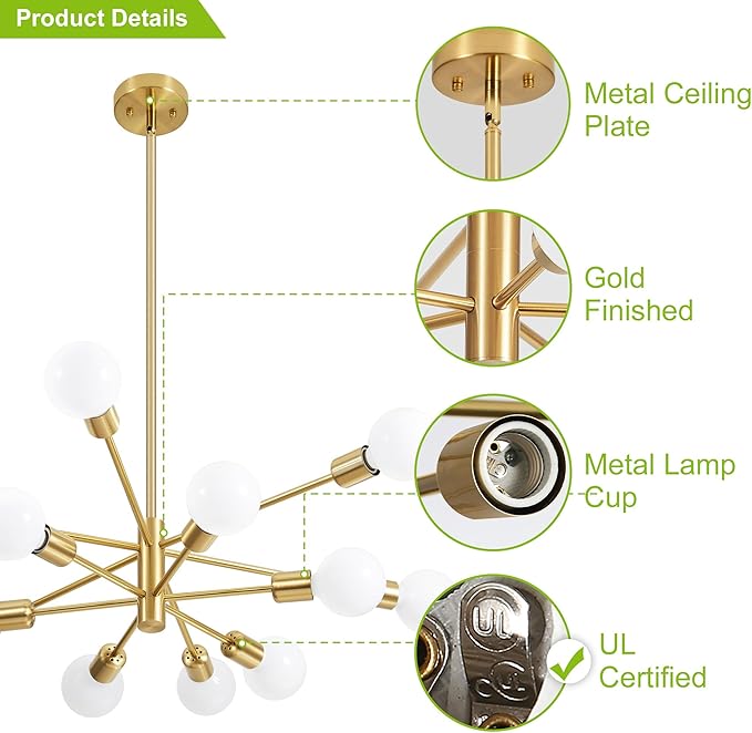 Modern Chandelier Gold Chandeliers 12-Light Mid Century Sputnik Ceiling Lighting Fixture for Living Room, Kitchen, Bedroom, Dining Room, Farmhouse