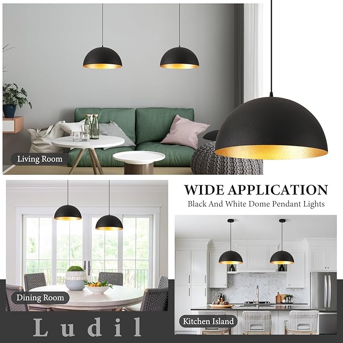 Farmhouse Pendant Light Fixtures,12" Pendant Lights Kitchen Island, Black and Gold Industrial Hanging Ceiling Light for Kitchen Foyer Cafe Dining Room Sink,2 Pack