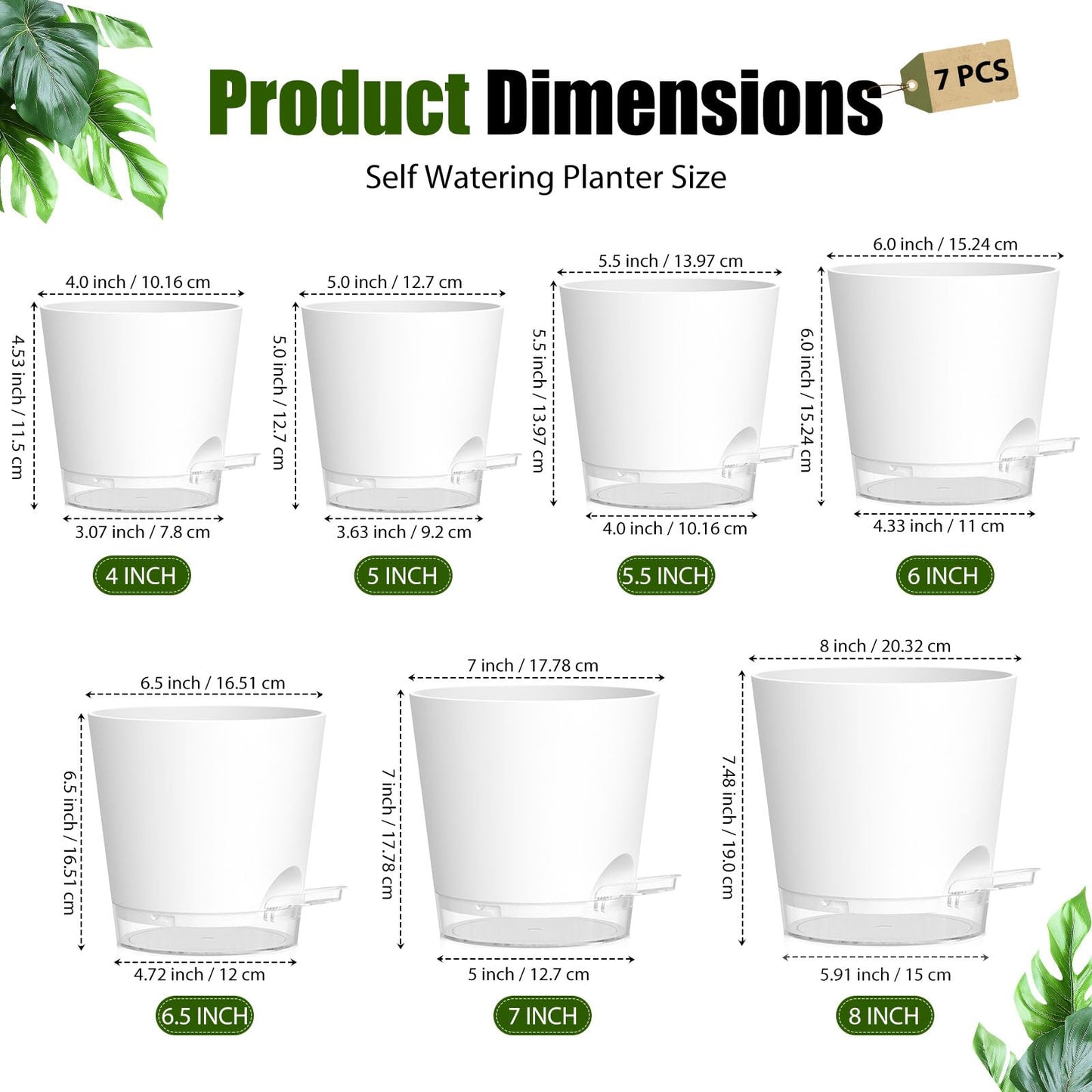 SQKH Plant Pots 4/5/5.5/6/6.5/7/8 Inch Self Watering Pots, 7 Pack Plastic Planters with Drainage Holes and Clear Saucers,Plastic Flower Pots,Nursery Planting Pot for Indoor Out Door Plants(White)