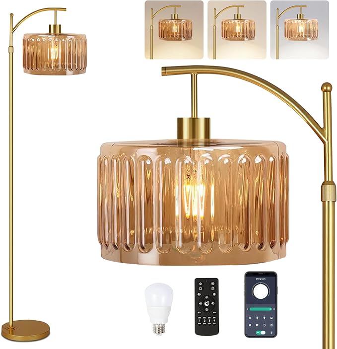 Floor Lamp for Living Room,Bedroom,Gold Dimmable Standing Lamp with Remote,Mid Century Modern Brass Tall Lamp Retro Vintage Glass Lamp Floor Light Boho Bohemian