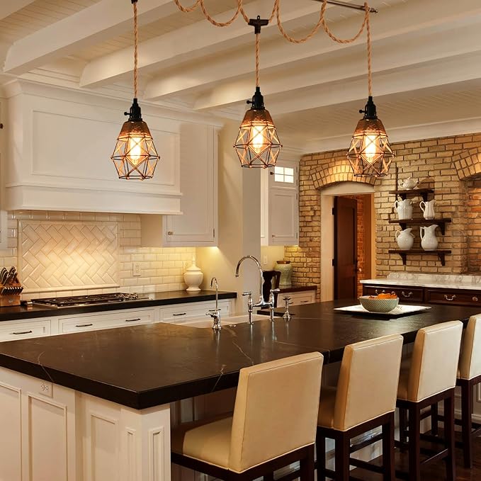 3-Light Hanging Light with Plug in Cord,Plug in Pendant Light 22ft Hemp Rope Pendant Lighting Vintage 3-Light Hanging Lamp Fixtures for Kitchen Island Living Room Bedroom
