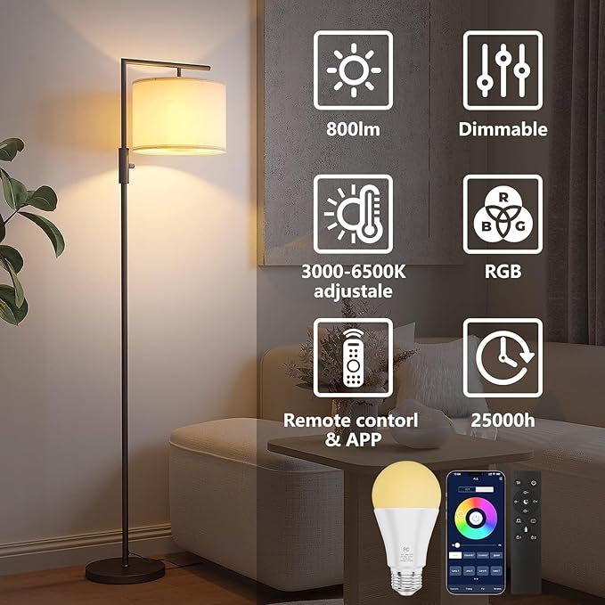A19 Color Changing Light Bulb with Remote Control&App Control, 800LM 9W(60W Equivalent) Dimmable 3000K-6500K RGBWW,E26 Base 2.4GHz,Light Bulb for Home Decor,1Bulb&1Remote