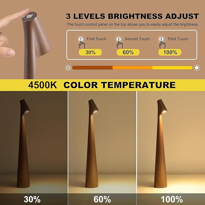 Cordless Small Table Lamps Set of 2,3 Levels Brightness Portable Desk Lamp,Rechargeable Battery Lights for Outdoor, Restaurant, Bedside, Baby Night Light,Gifts(Brown)