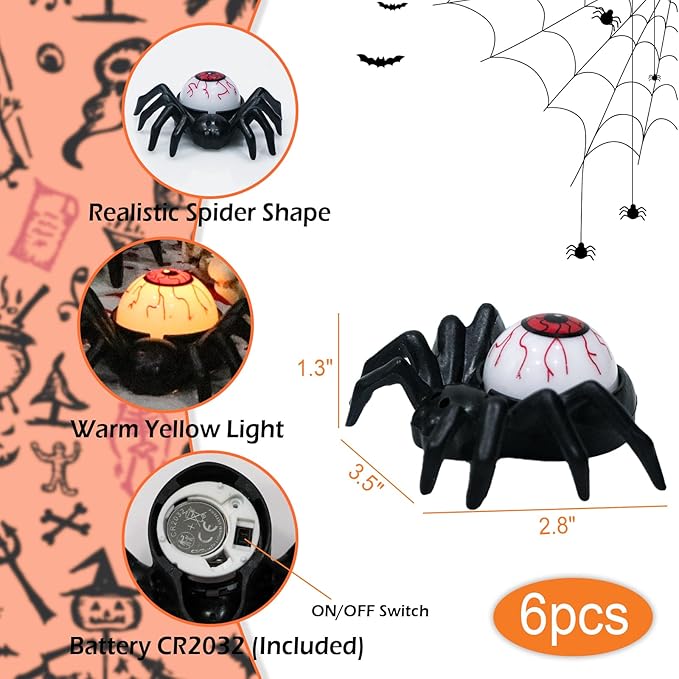 DRomance Halloween Flameless Flickering Candle Lights Battery Operated with 6H Timer, Spooky Spider Red Eyeballs Shaped LED Candles Cute Halloween Decoration Indoor(6 Pack, 2.8" x 3.5" x 1.3")