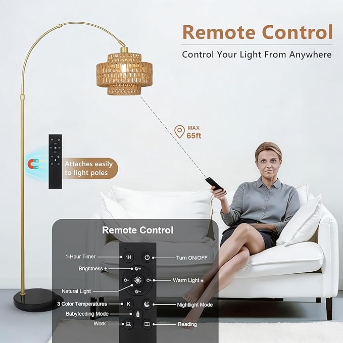 HMVPL Gold Floor Lamp for Living Room, Arched Floor Lamp with Remote, Boho Rattan Standing Lamp with Dimmable Blub, Mid Century Tall Lamp for Bedroom Reading Behind Couch Office (Height Adjustable)