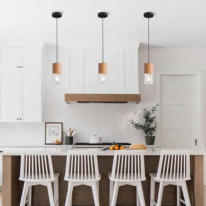 Modern Pendant Lights for Kitchen Island, Adjustable Pendant Light Fixtures with Raw Wood Grain, Industrial Clear Glass Pendant Lights for Dining Table Hallway Bedroom Living Room,1 Pack