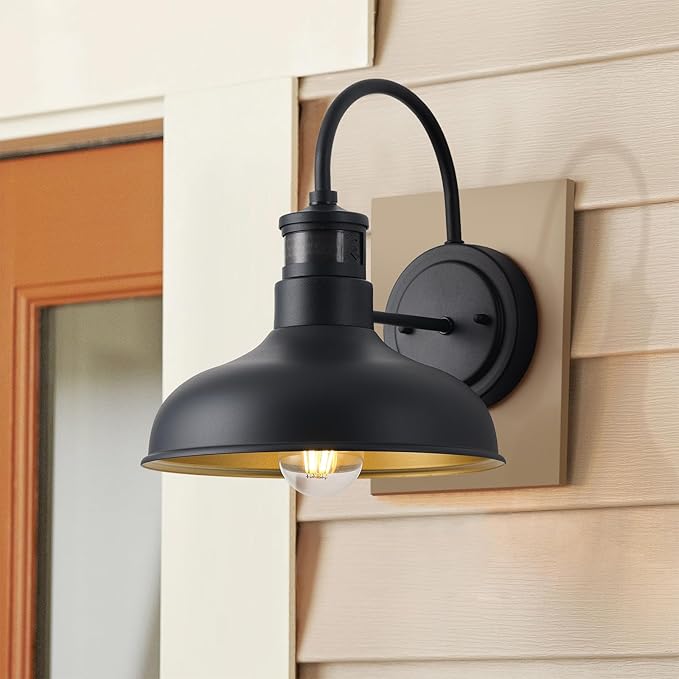 10in. Exterior Barn Style Motion Lights with Wall Mount, Dusk to Dawn Outdoor Motion Sensor Gooseneck Lighting Fixture for Farmhouse, Black Barn Porch Wall Lighting for Garage and House